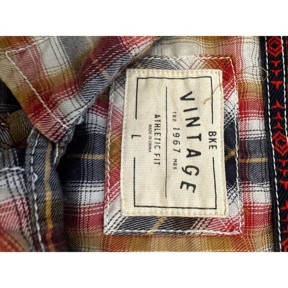 BKE Vintage 1967 Button Up Plaid Size L Athletic Fit Red Blue Snap Western Rodeo - Picture 5 of 8